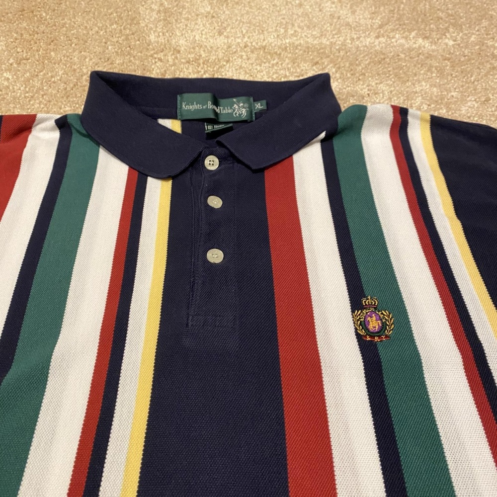 Vintage Knights of Round Table Polo Shirt Mens XL Multicolor Stripe Crest 90s - Picture 3 of 9